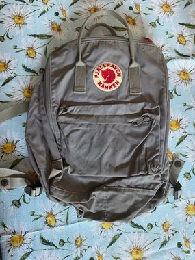 Fjallraven Kanken Backpack — Taupe with Red Logo